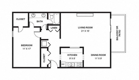 Floor plan for 1 bed, 1 bath, 1010 sqft